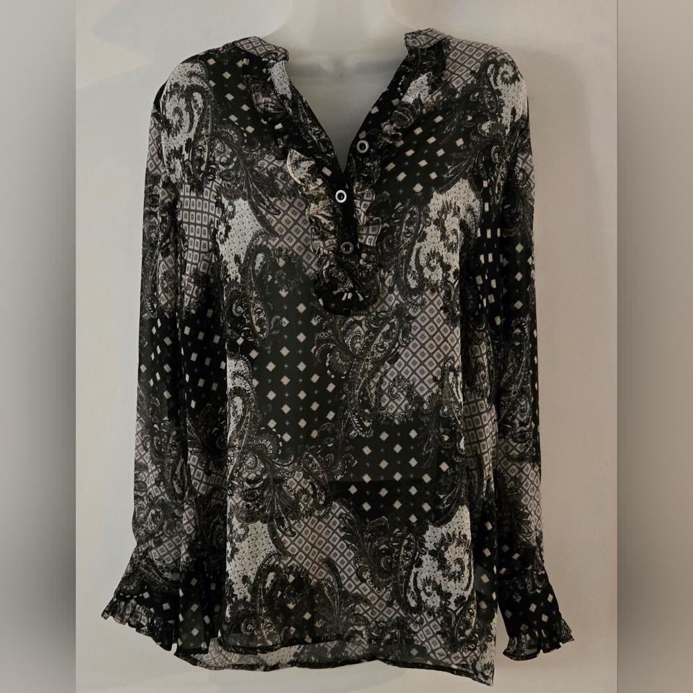 Ladies Susan Graver Sheer Blouse Size Medium Long Sleeve Euc